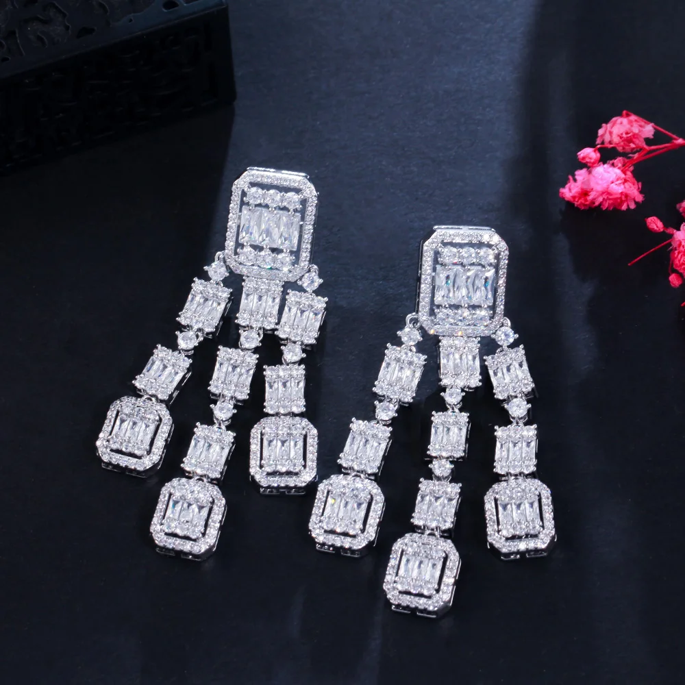 Super Sparkling Baguette Cubic Zirconia Square Long Tassel Drop Women Party Earrings Luxury Bridal Wedding Jewelry
