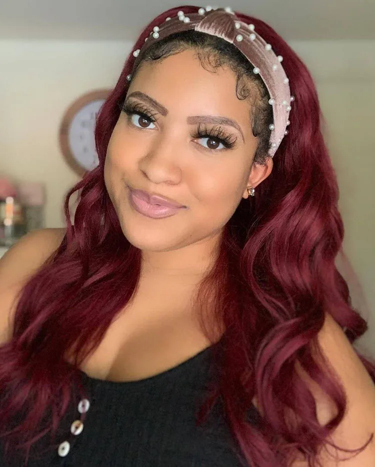 

Cheap Burgundy Human Hair Headband Wig Machine Made Wig For Black Women With Headband No Glue No Gel