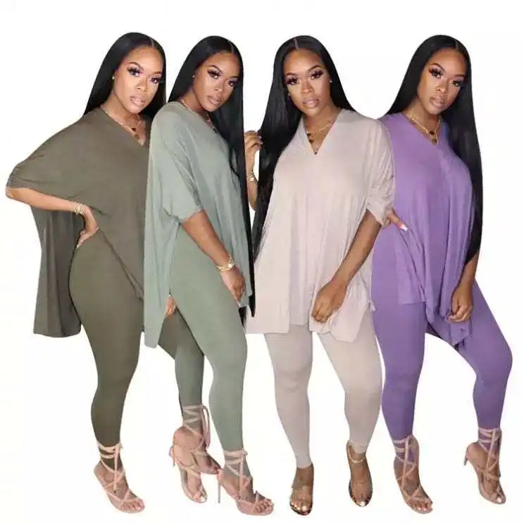 

low price women summer solid pants and loose t shirt two piece set