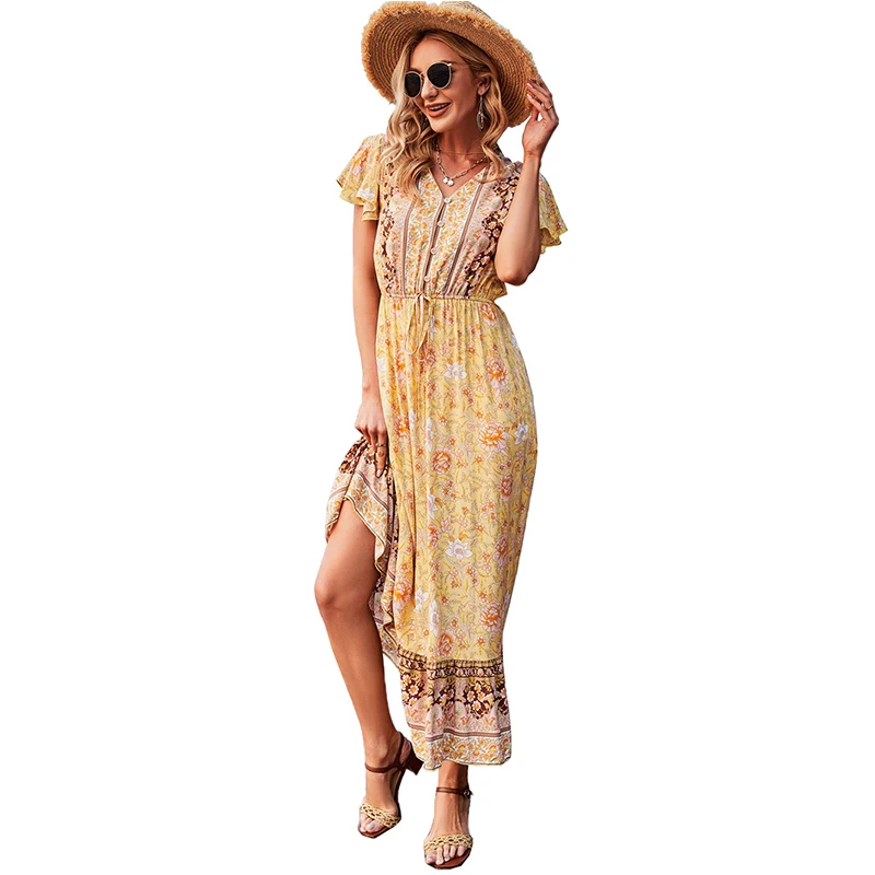 

Bohemian Floral Dress Short Sleeve Woman V Neck with Short Sleeve Dress Summer Casual Holiday Style Women Midi Dress