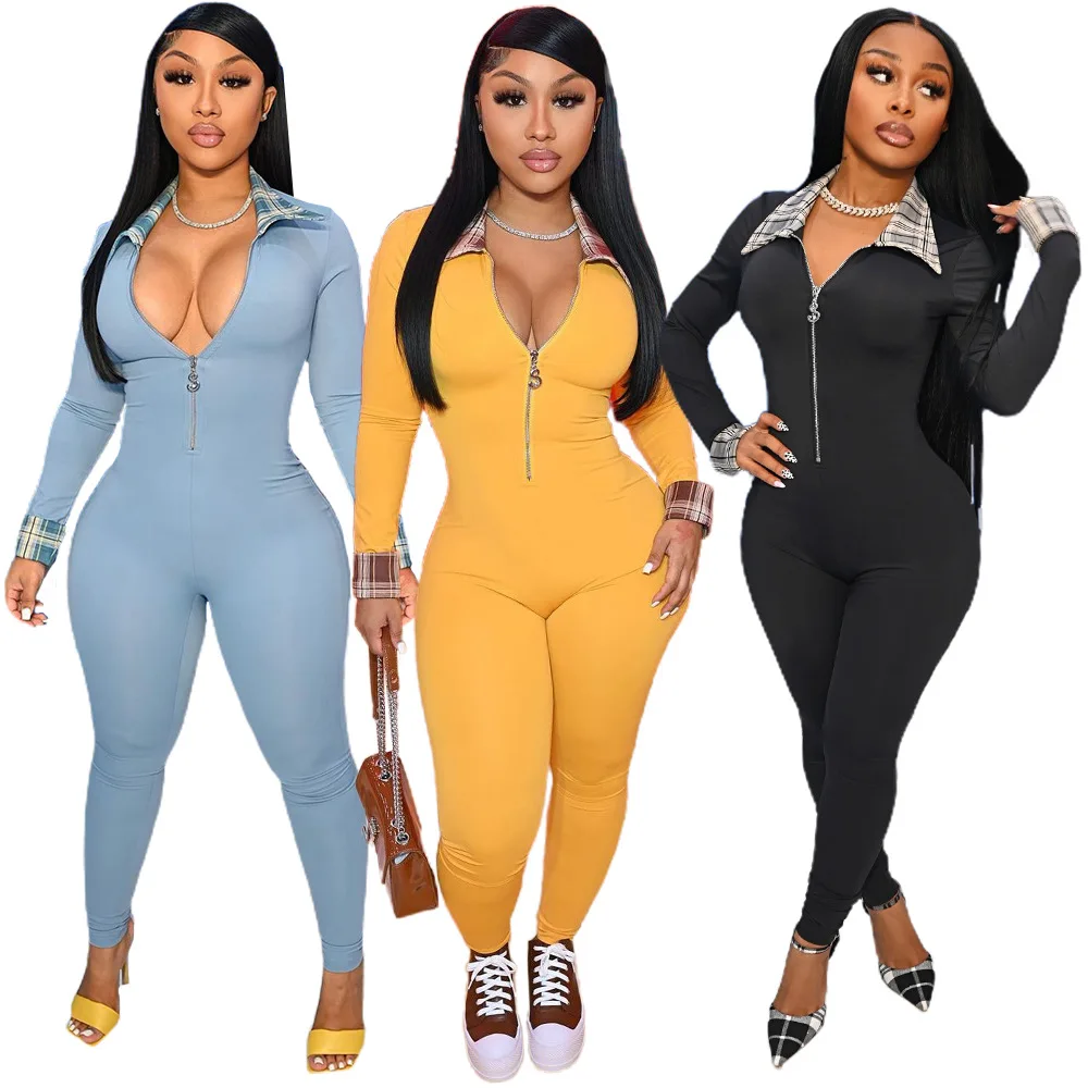 

10909-MX40 zipper bodycon turn down collar solid color bodycon one piece womens jumpsuits sehe fashion