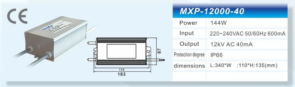 IP66 waterproof high voltage 220v 240v input to output 40ma 12kv 12000v neon sign transformer for led flex