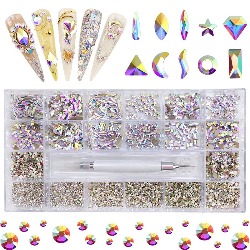 

Juli High Quality Bulk Wholesale Flatback Multi Shaped Crystals Set Rhinestones Decorations Kit for Nails Glass Nail