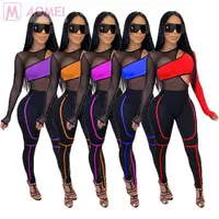 

L4049 wholesale sexy long sleeve mesh splice skintight perspective Clothing 2 Piece Set Women