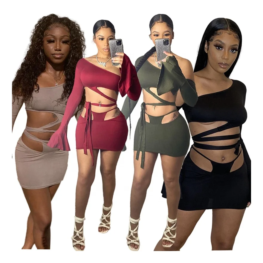 

2021 Women Clothing Sexy Flare Sleeve One Shoulder Short Summer Two Piece Skirt Set