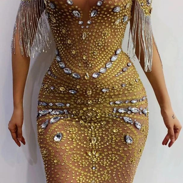 

New Style Gold Rhinestones Fringe Transparent Dress Birthday Celebrate Mesh Outfit Women Dancer Wear Prom Dress