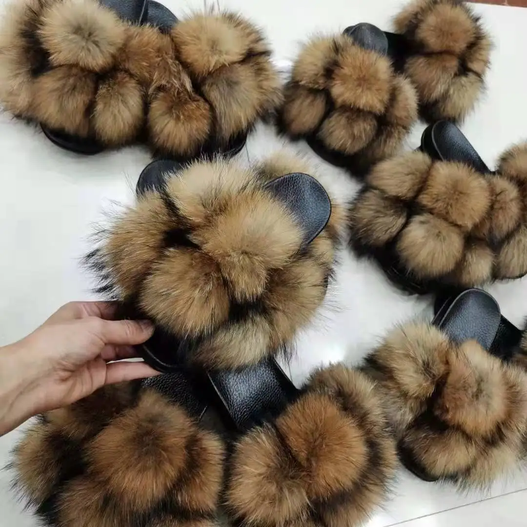 

Fluffy Real Raccoon Fur Slides sandals Custom Women Fashion Fur Slides