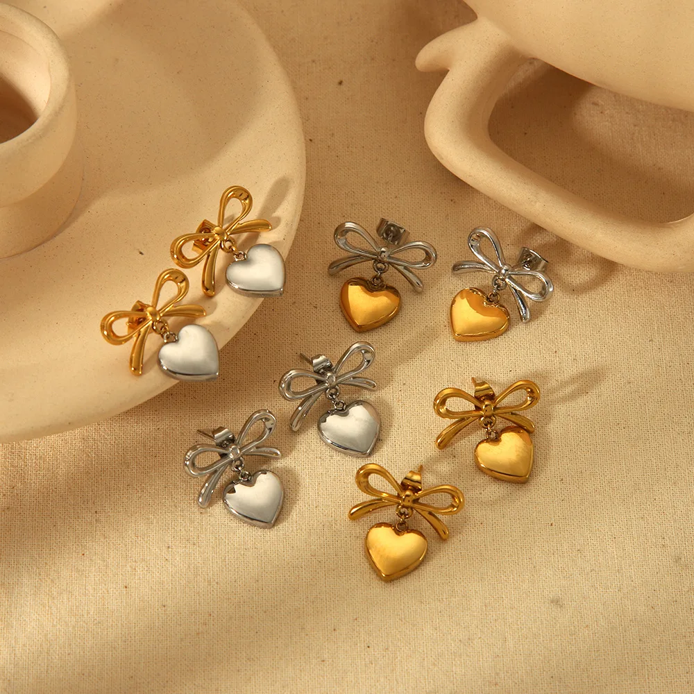 YF3743 Waterproof Stainless Steel Jewelry 18k Gold Plated Two Tone Smooth Heart Shaped Pendant Bow Earrings