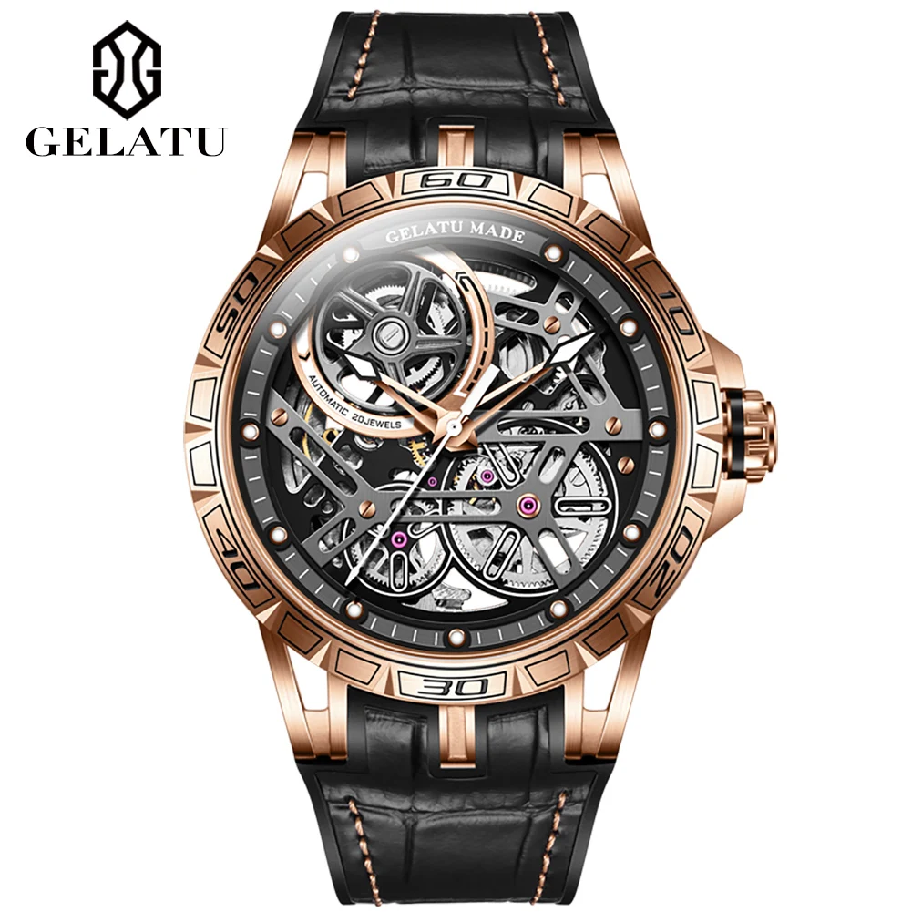 

GELATU 6015 Custom Oem Watch For Men Skeleton Luminous Luxury Tourbillon Waterproof Automatic Watch Men Mechanical Watch