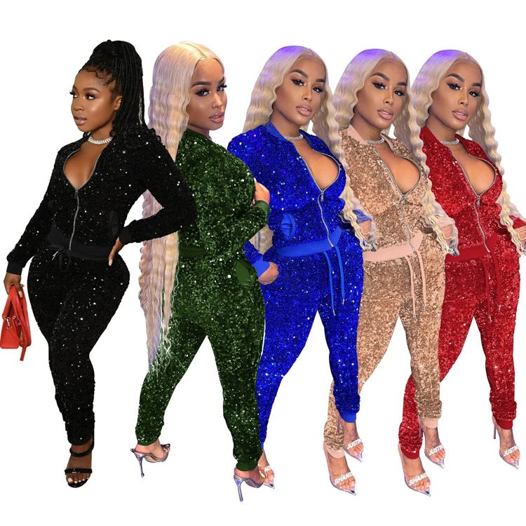 

Womens Sexy 2 Piece Outfits Glitter Sequin Metallic Top and Pants Set Bodycon Jumpsuit Romper Clubwear Tracksuit for Women girls