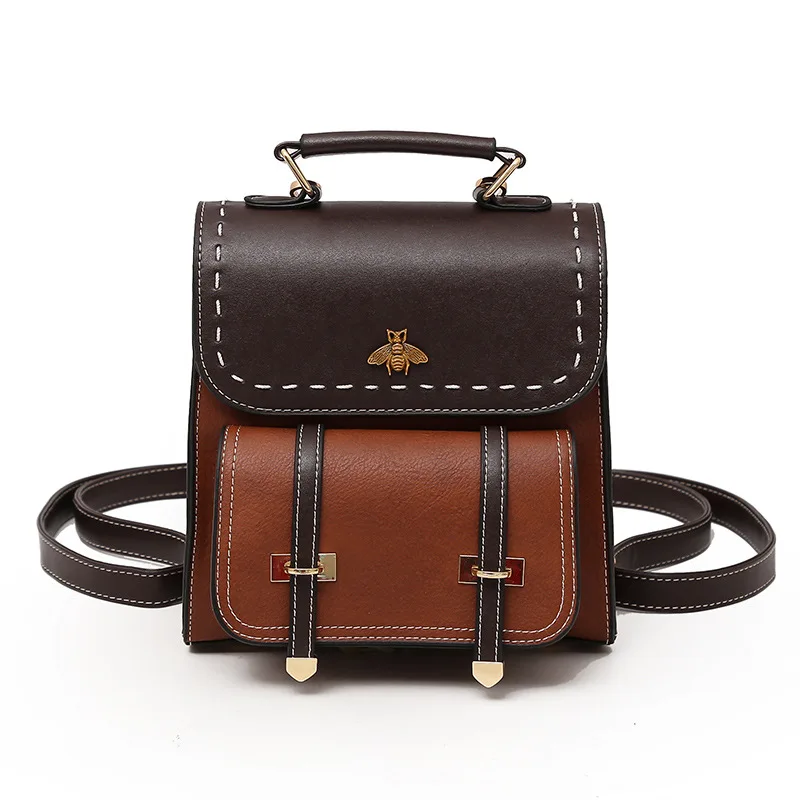 

Fashionable British Style PU Leather Backpack Bags Square Brown Leather Women Backpack Vintage Student Bags Backpacks, Black, brown, green