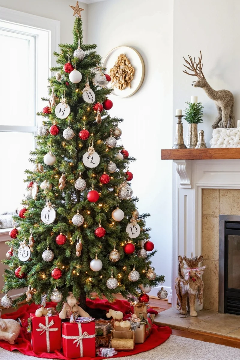 A colorful set of plush animal Christmas ornaments including cats, dogs, and rabbits hanging on a festive tree.