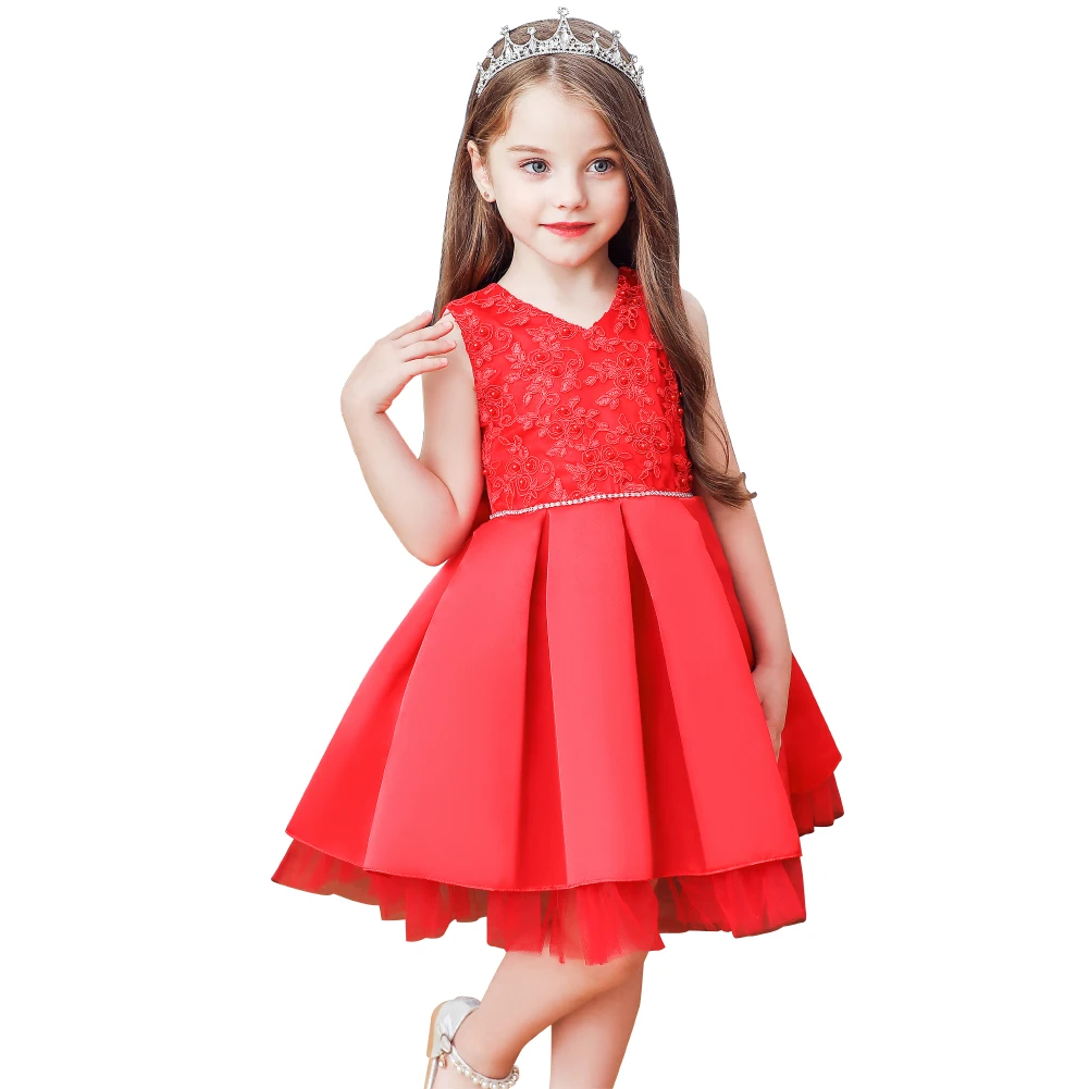 

Child V-neck big bow kids dresses for girls red sleeveless cotton girl party dresses for children 0-8 year