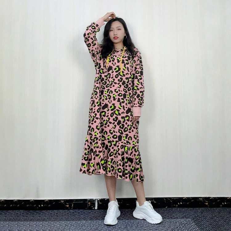 

2021 trendy clothing casual terry maxi long women leopard printed pink hoodie dress wholesale, Solid