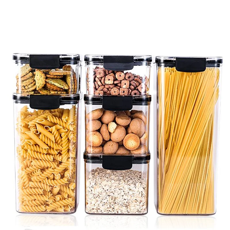 

6-Piece Set New Styles Food Storage Containers Airtight Cereal Storage Containers Leak-proof with Black Locking Lids, Transparent