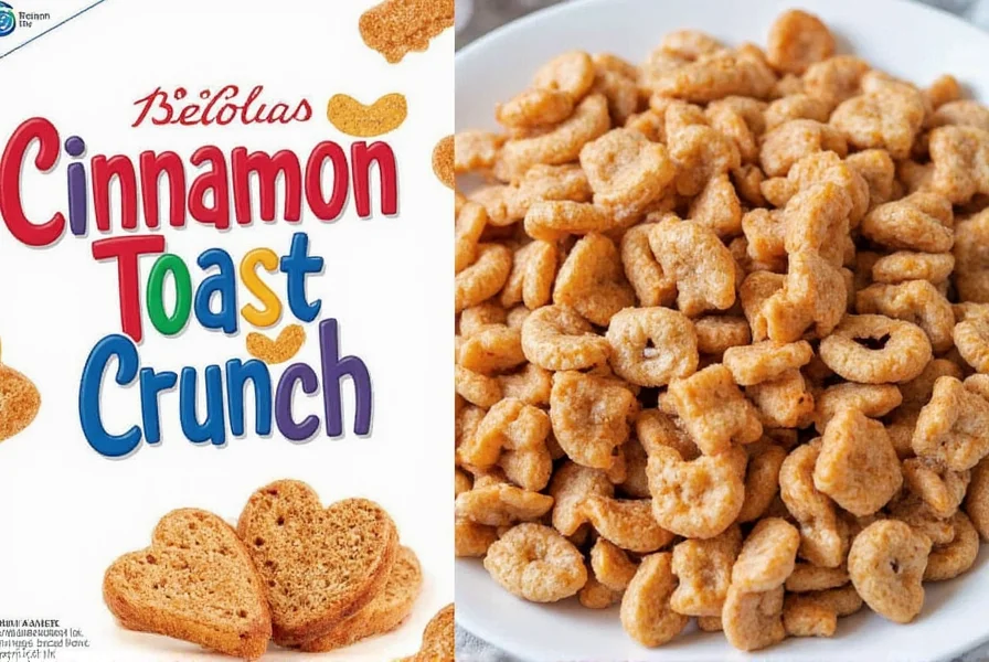Side-by-side comparison of Cinnamon Toast Crunch box next to nutritional information panel showing sugar content and ingredients