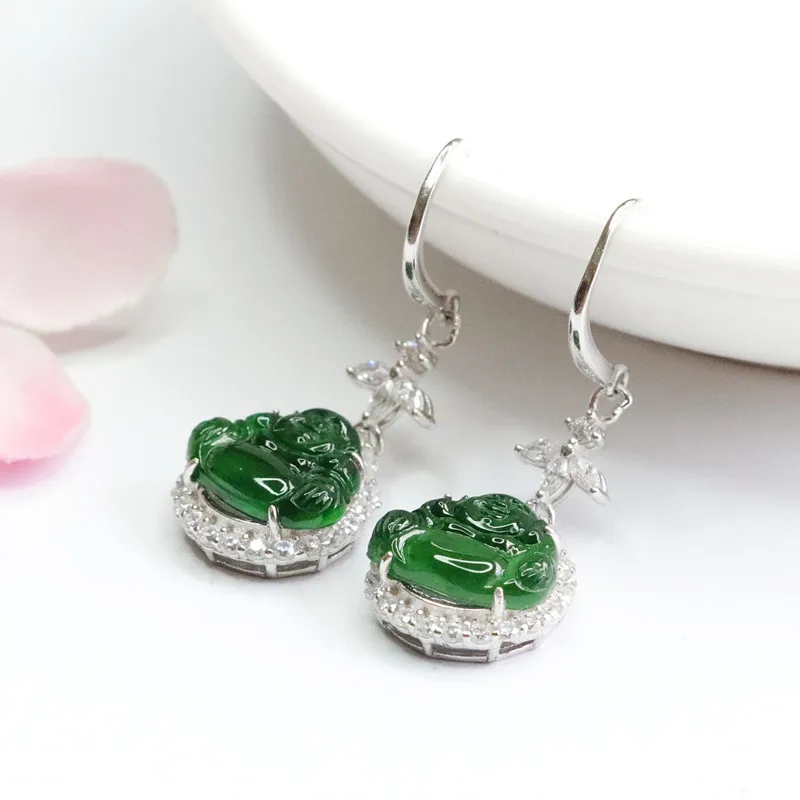 

S925 Silver Inlay Ice-Like Jade Emperor Green Buddha Ear Hook Studs Jewelry Live Delivery