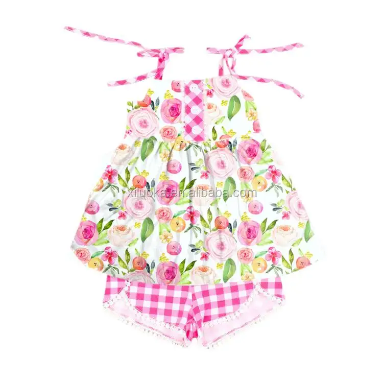

Hot Selling Summer Sleeveless Pink Plaid Short Outfit Floral Print Baby Girl Clothing Set
