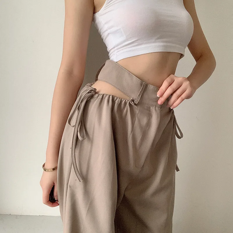 

CUHAKCI New Summer Women's Clothing High Waist Drawstring Cutout Casual Trousers Loose Slim Wild Casual Pants Trousers, Khaki, black, purple, brown