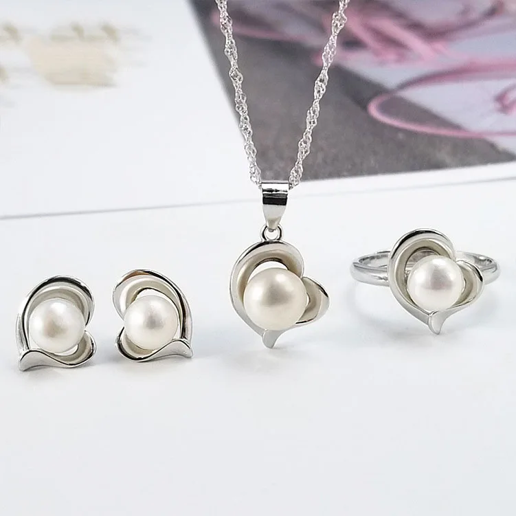 

Wholesale Simple Heart Freshwater Pearl Engagement Ring 925 Sterling Silver Necklace Sets Jewelry, White, purple