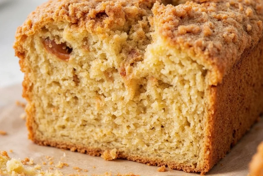 Close-up of golden brown cinnamon streusel bread with visible crumbly topping and moist interior