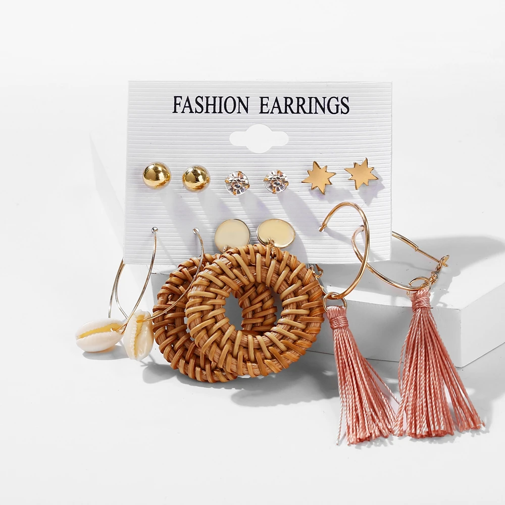 

50983 Fashion vintage creative earrings acrylic wooden rattan woven fashion stud earrings