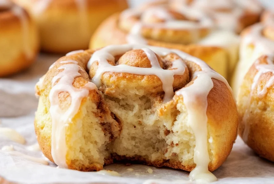 Perfectly golden keto cinnamon rolls with cream cheese icing drizzled on top, soft texture visible in cross-section