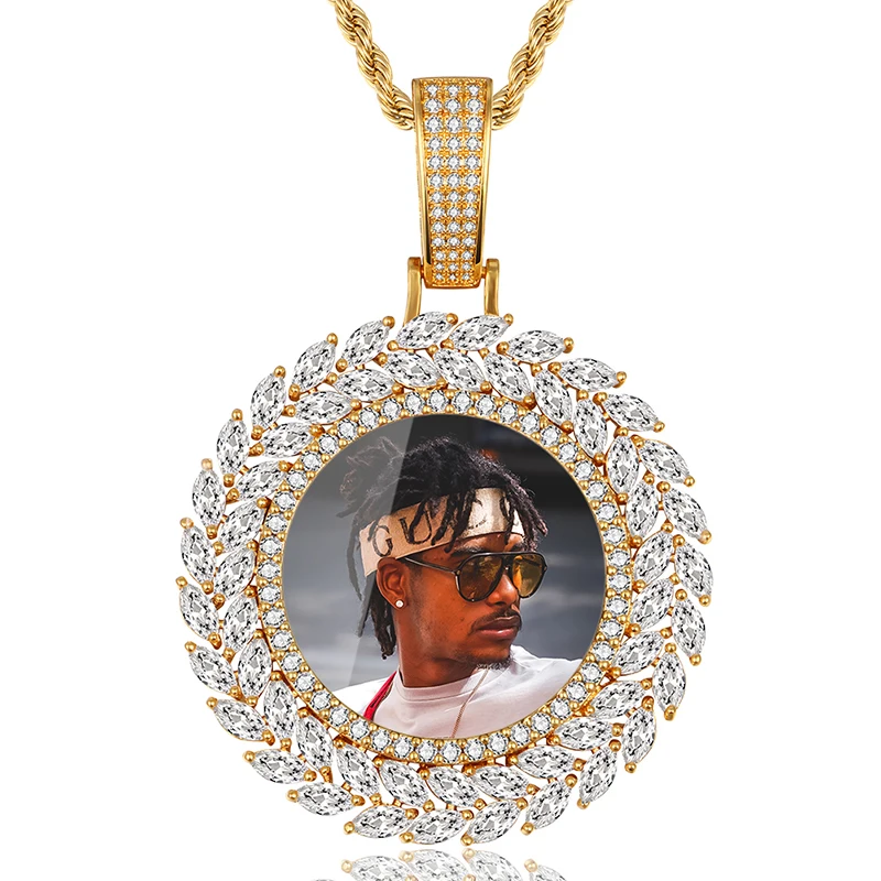 

Unisex Gift Custom Photo Pendant Memory Rope Chain Pendant Necklace With Flower Stone Zirconia Hip Hop Jewelry, Silver/gold/rose gold color