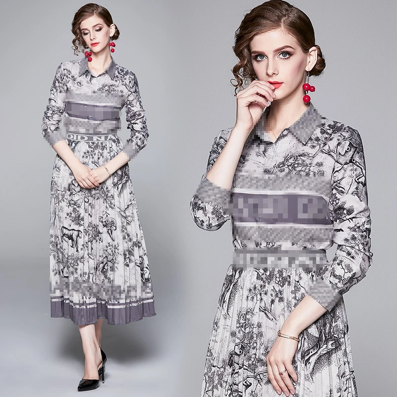 

2021 wholesale digital floral polo neck full sleeve blouse with length pleated skirt sexy women clothing two piece set, Picture color