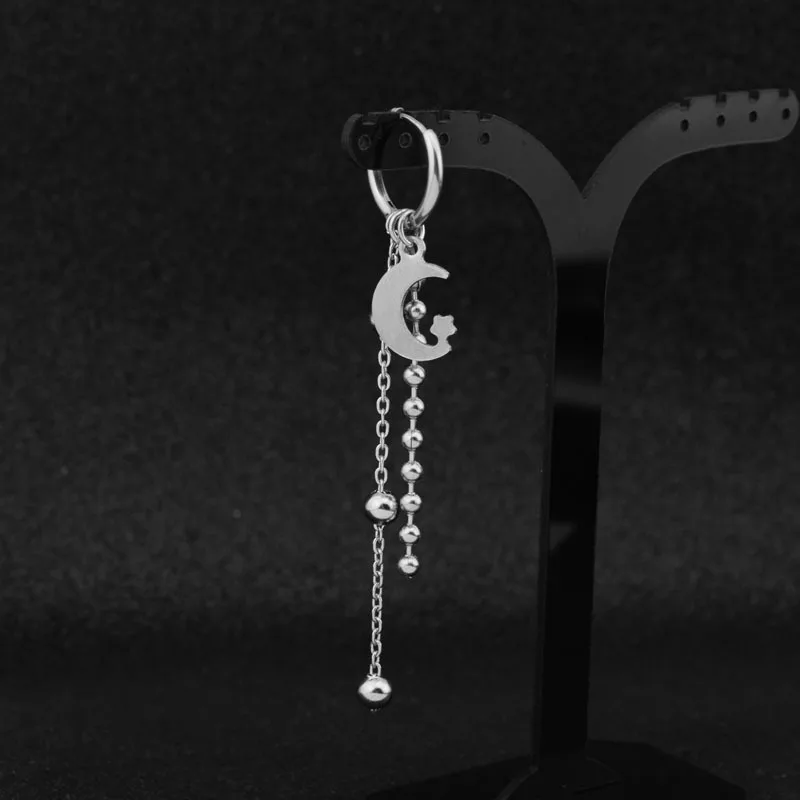 

1 Piece Punk Earring Star Moon Dangle Tassel Hip Hop Jewelry Stainless Steel Hoop Men Stud Earrings, Silver color