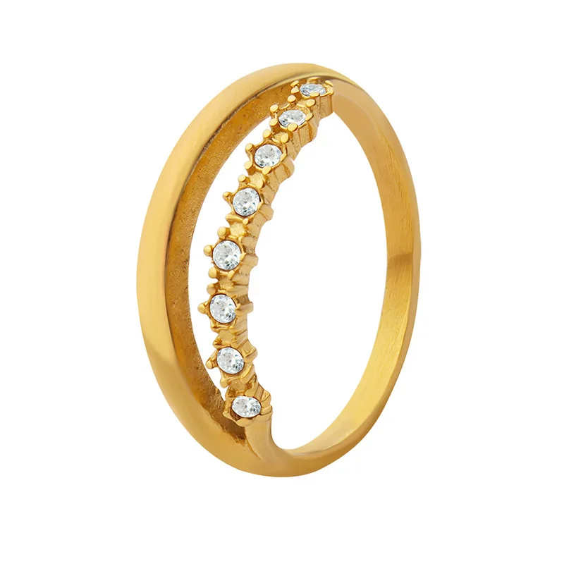 

18K Gold Plated New Semi-Double-Layer Glittering Zircon Inlaid Stainless Steel Stacking Rings Waterproof Jewelry