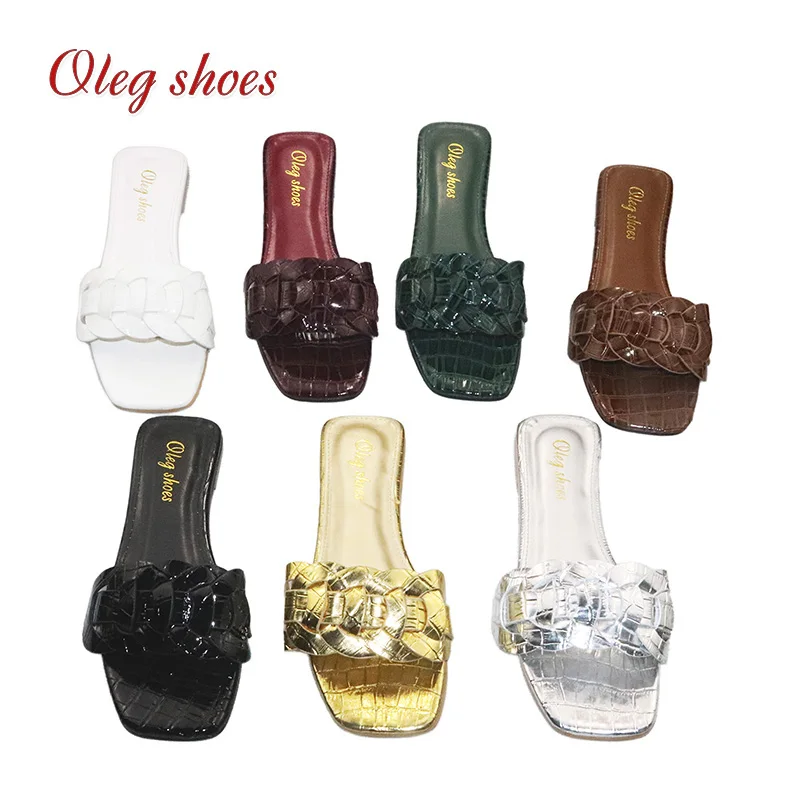 

Customized Cheap Square Toe Flat PU women slippers sandals in stock, Black, pink, apricot