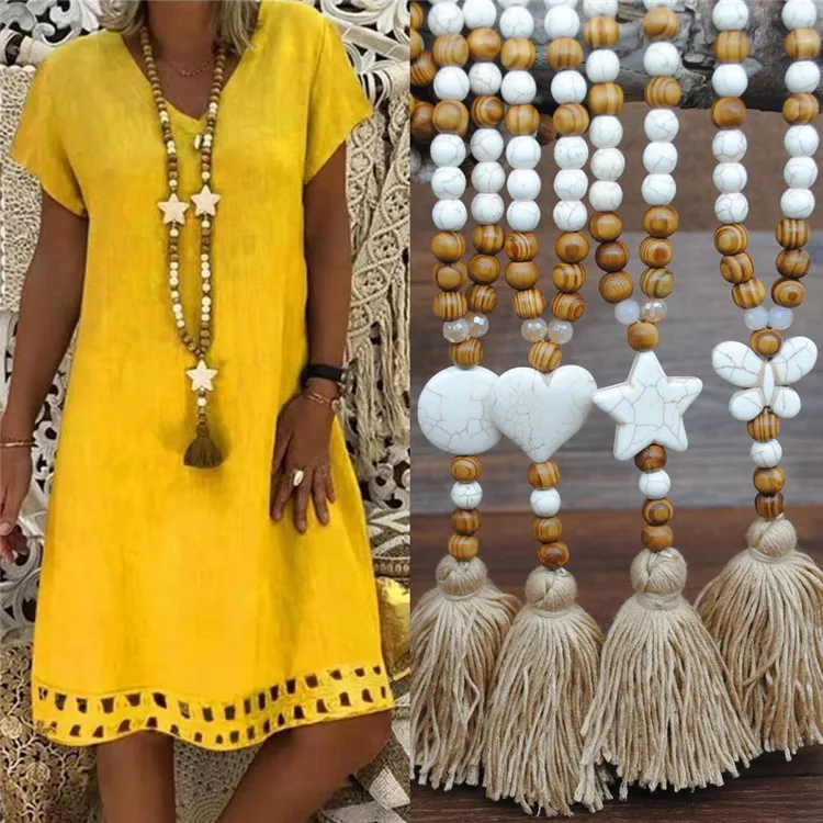 

CLARMER Bohemian Linen Clothing Jewelry Handmade Wooden Beads Long Necklace Girl Tassel Pendant Sweater Chain, As show