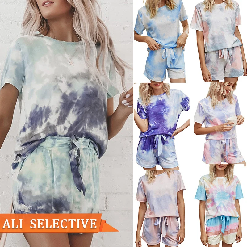 

NS2003 2021 Spring Summer Wholesale Tie Dye Pajamas For Women Two Piece Pants Set Women's Sleepwear, As show