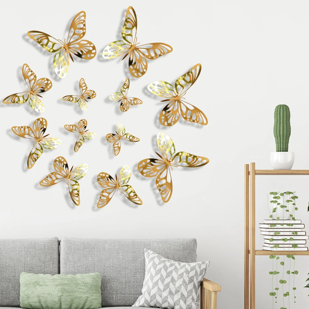 

12 pcs Living Room Bedroom Wedding Party New 3D Three-Dimensional Metal Hollow Butterfly Wall Sticker wall decoration, Gold/silver/ rose gold