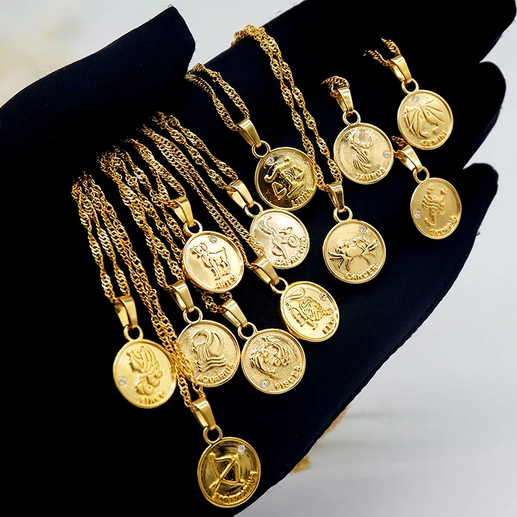 

18k gold plated coin shape zodiac sign pendant necklace chain for women