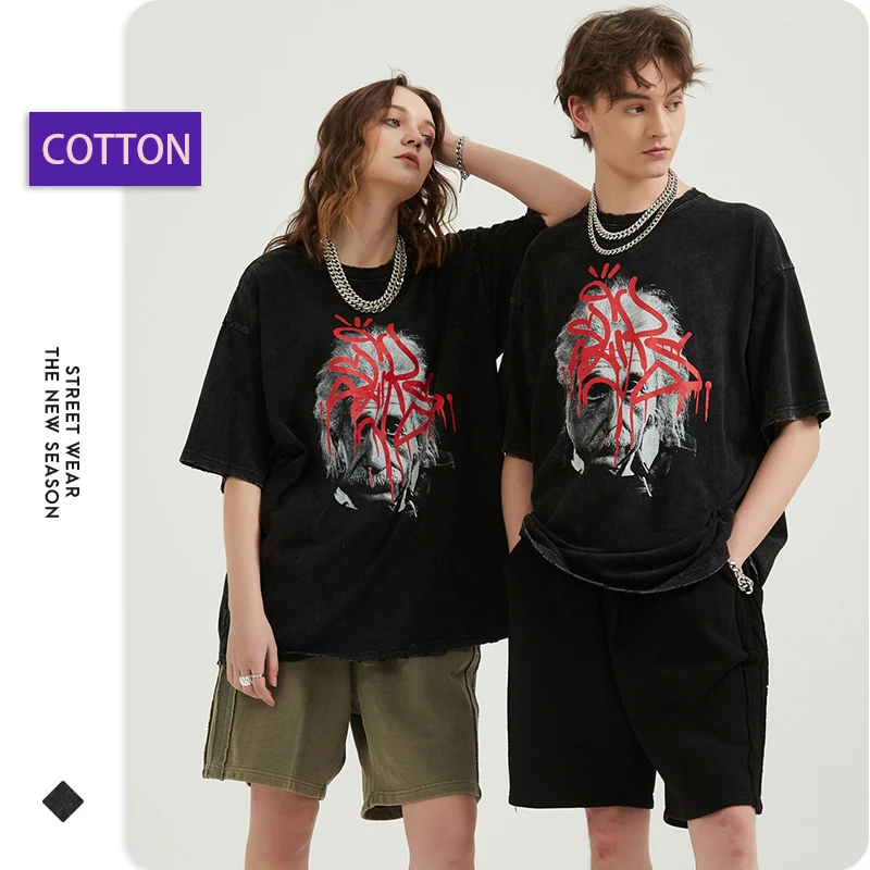 

Men's casual cotton short-sleeved T-shirts print loose retro tops sportswear running basketball hip-hop clothes 250grams