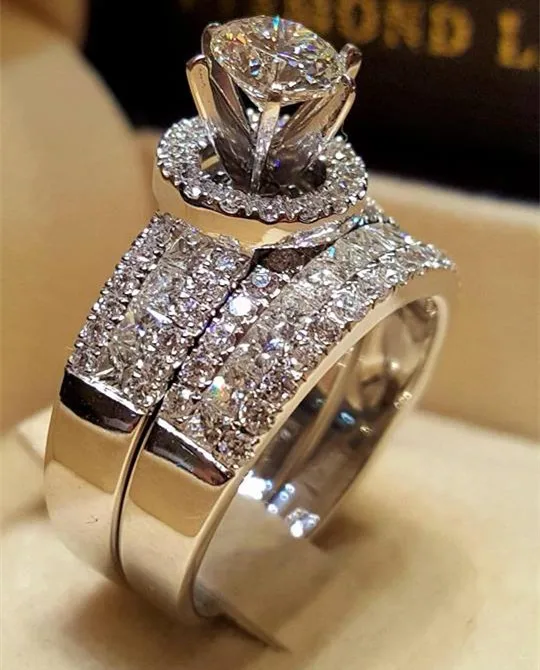 

Luxury Jewelry Sliver Couple Rings White Topaz CZ Diamond Gemstones Women Engagement Wedding Bridal Rings (KR101), As the picture