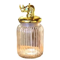 

custom frosted large glass storage jars containers with ceramic golden animal lid