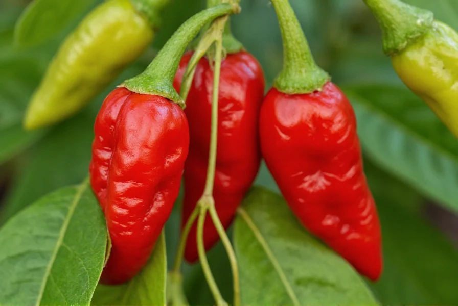 Close-up photograph of ripe red ghost chili peppers growing on plant in tropical environment, showing characteristic wrinkled texture and tapered shape