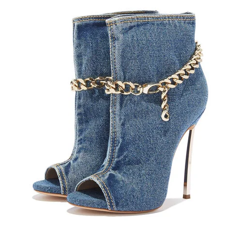 

Fancy Denim Women Fashion Short Boots High Thin Heel Boots Shoes Sexy pointed toe Peep toe With Metal Decorate Summer boots, Blue white