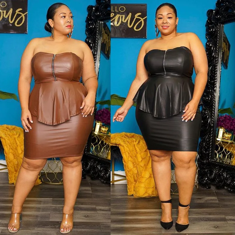 

2022 Summer Pu Plus Size Women Two Piece Short Set Club Sexy Leather 2 Piece Skirt Set