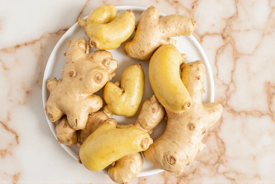 Fresh ginger root sliced next to a measuring spoon for dog dosage