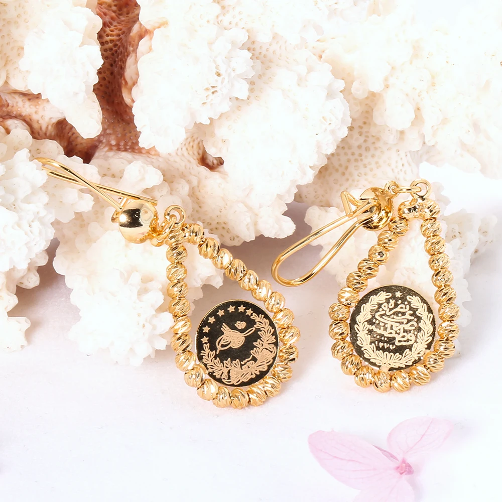 

New arrival vintage 21K gold plated drop round coin earring dubai turkish coins earring for women 2021, Gold color