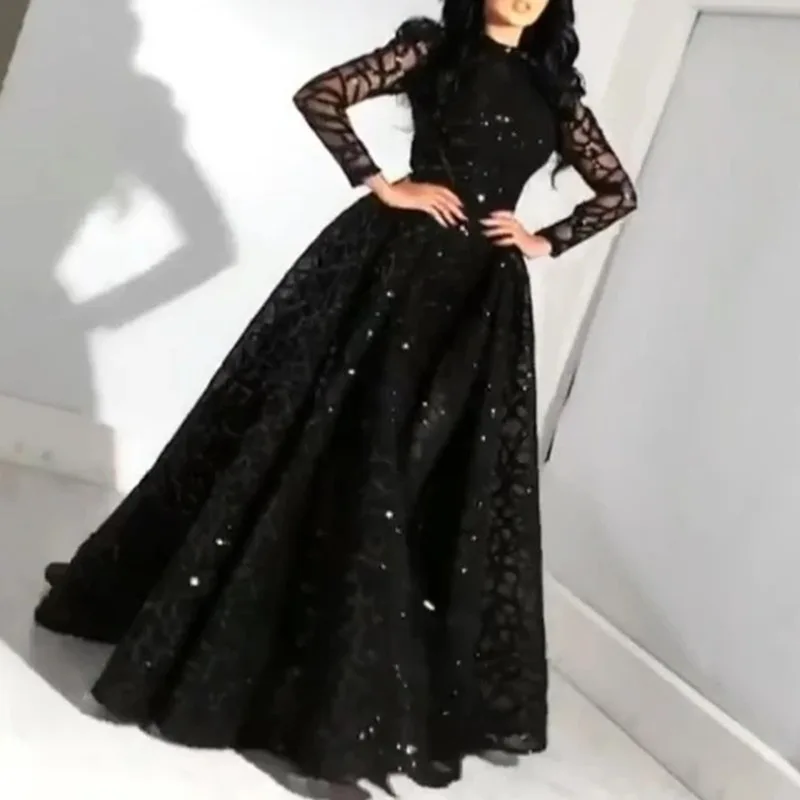 

DS1162 Women Luxury Black Long Sleeve Long Gown Bling Party Dress Evening Dress