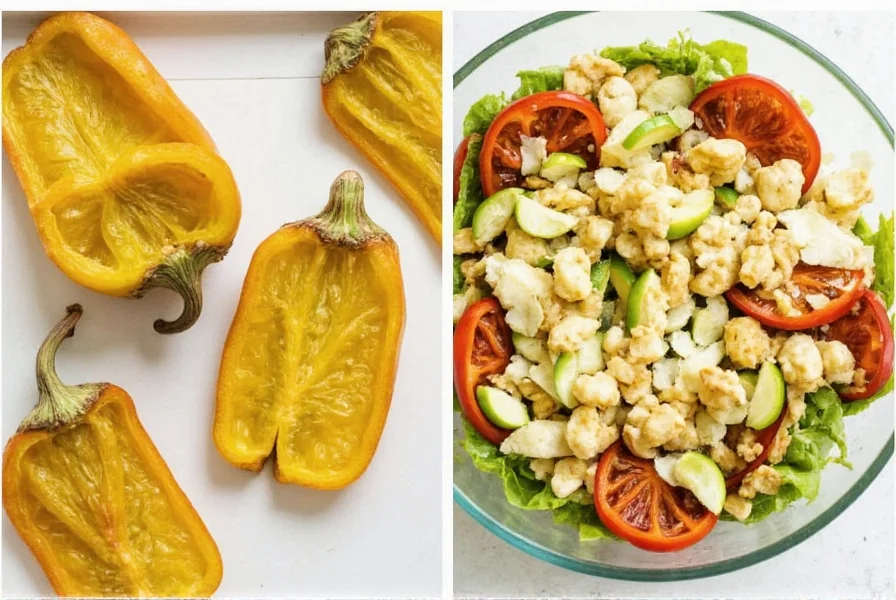 Fresh bell peppers next to dried versions