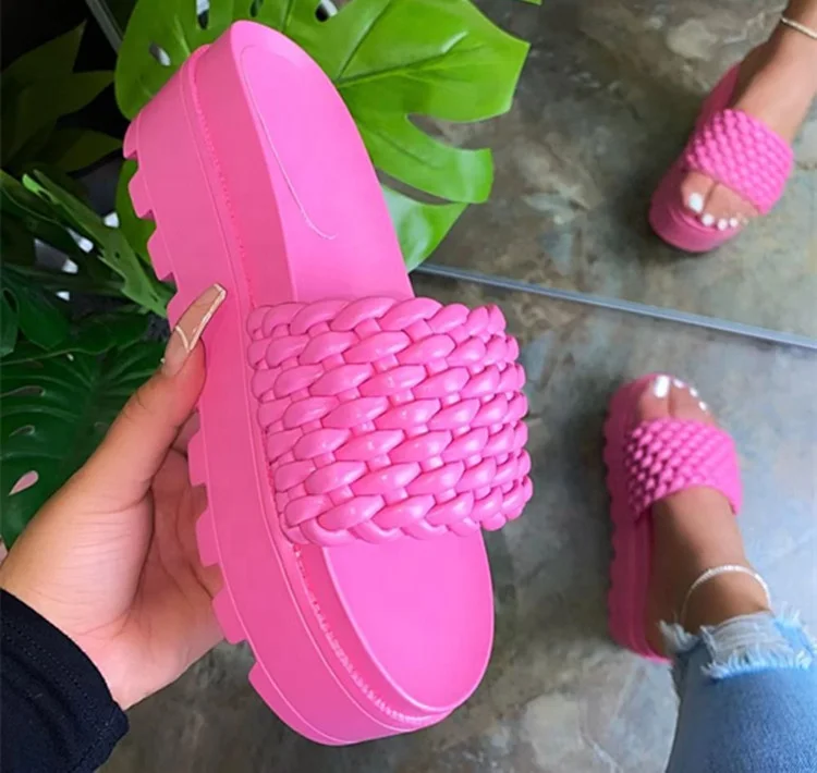 

2021 Ins Hot Women Woven Slip-On Entry Paddle Sole Open Toe Chunky Heel Sandals Ladies Outside Beach Slippers, Orange ,black ,tan ,white