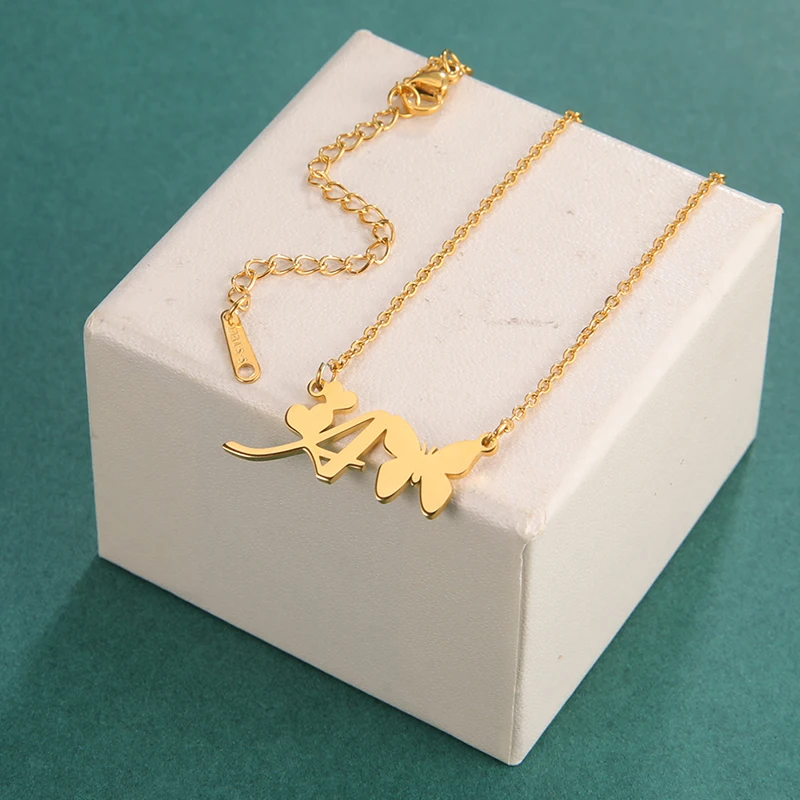 

Gold Plated Initial Letter Butterfly Necklace Stainless Steel Alphabet Charm Necklace With Butterfly Fashion Women Jewelry Gift, Steel color, gold,rose gold(accept customized)