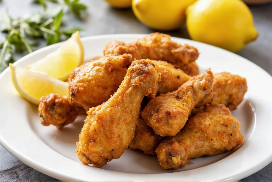 Crispy golden lemon pepper chicken wings on white plate with lemon slices and fresh herbs