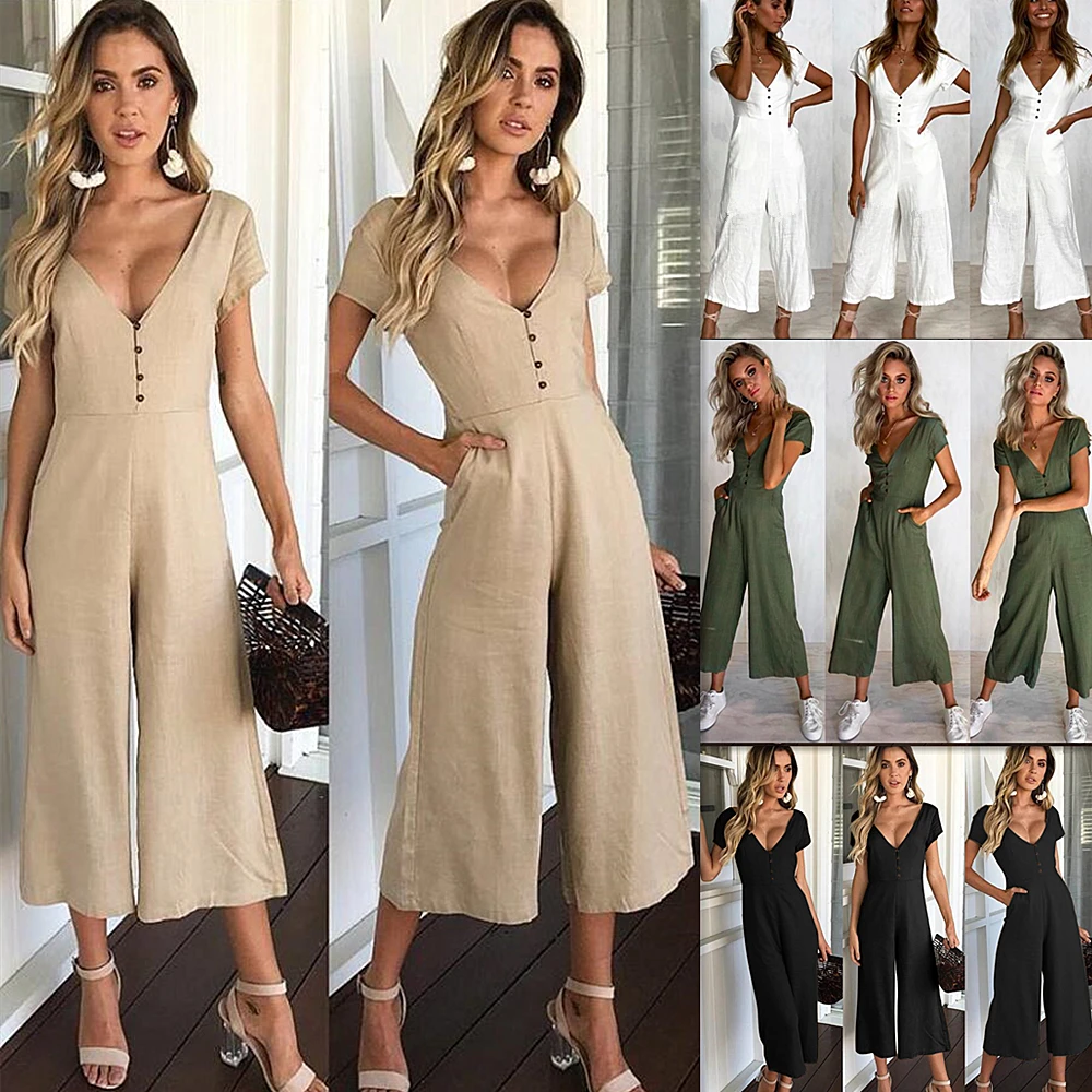 

New women jumpsuit button casual short sleeve jumpsuit, N/a